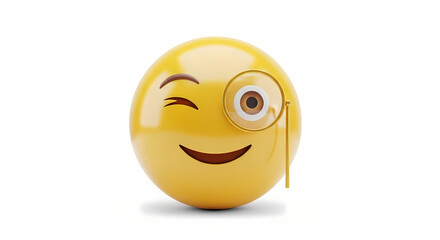 Fototapeta premium A yellow emoji with a winking eye and a monocle on a white background in a close up studio shot