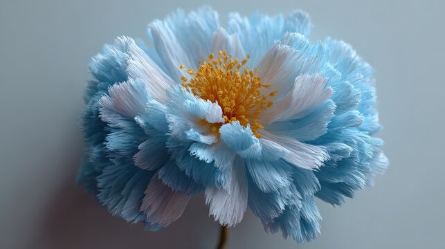 Delicate Blue and White Blooming Flower with Soft, Fluffy Petals and Vibrant Yellow Center Against a Subtle Gray Backgroundblue flower