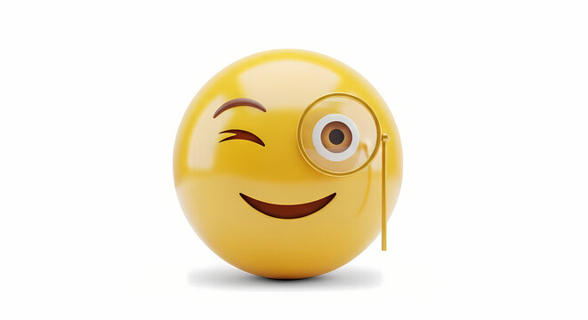 A yellow emoji with a winking eye and a monocle on a white background in a close up studio shot