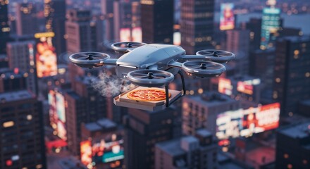 Drone delivering pizza over city skyline at dusk  