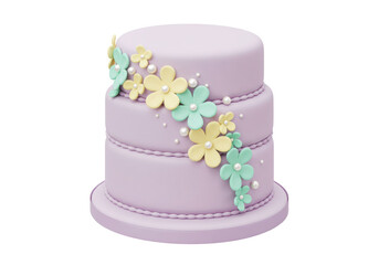 Isolated three tier cake, lavender, flowers, and pearls, a treat for a special occasion