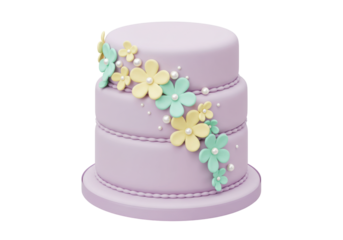 Isolated three tier cake, lavender, flowers, and pearls, a treat for a special occasion