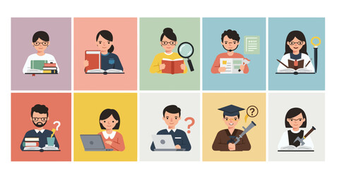 Ten flat illustration icons depicting diverse people engaged in reading learning and research activities