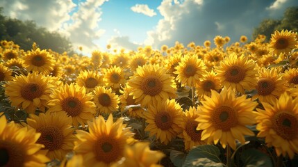 Sunflowers field under blue sky with fluffy clouds