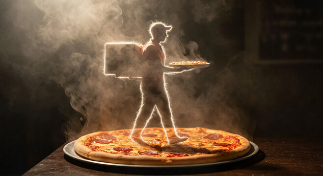 Pizza delivery man carrying hot pizza on a round tray with smoke - Powered by Adobe