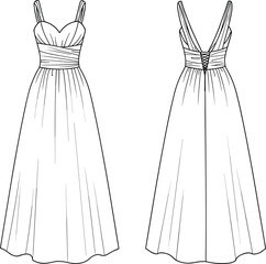 Elegant long evening dress flat sketch, CAD fashion vector illustration with straps, ruched waist detail, and back lace-up closure