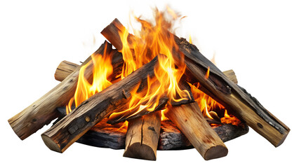 Burning campfire with bright flames and charred logs isolated on transparent background, perfect for camping, outdoor adventures, and cozy evenings
