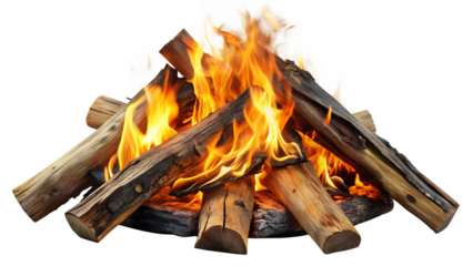 Burning campfire with bright flames and charred logs isolated on transparent background, perfect for camping, outdoor adventures, and cozy evenings