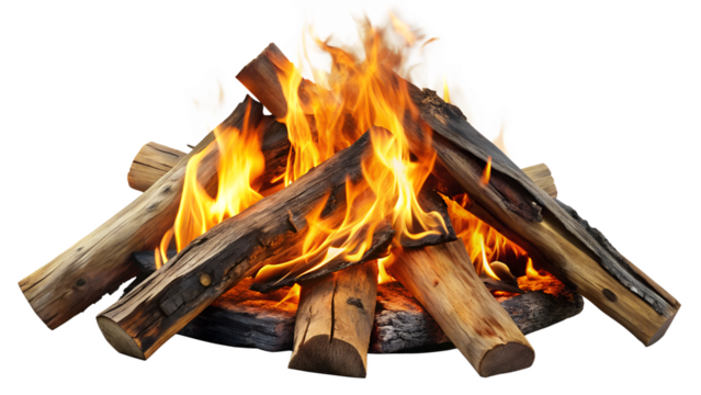 Burning campfire with bright flames and charred logs isolated on transparent background, perfect for camping, outdoor adventures, and cozy evenings