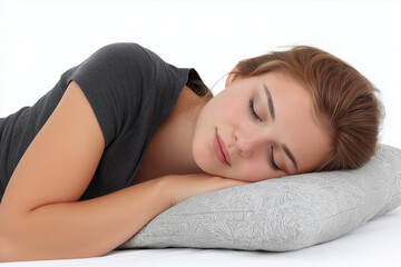 Obraz premium Woman sleeping on a grey pillow isolated on White or transparent background PNG