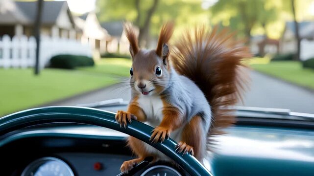 Curious squirrel at the wheel of a classic car, enjoying a summer adventure in a charming neighborhood, ready to explore the world