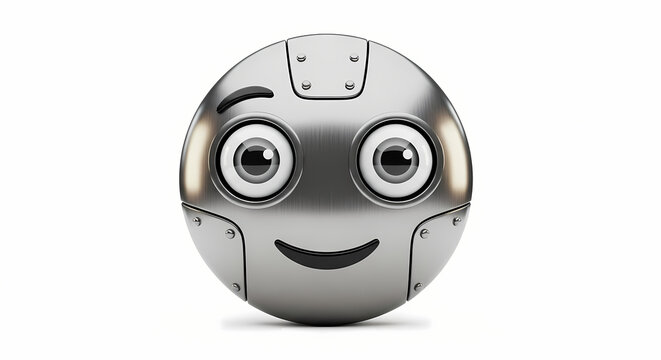 A shiny metal robot head with a questioning eyebrow and a smile on a white background in studio lighting