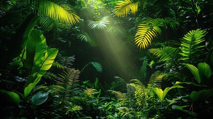Sunlight filters into a dense, verdant tropical forest scene