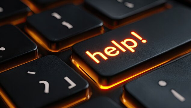 Close-up of a glowing "Help!" key on a computer keyboard