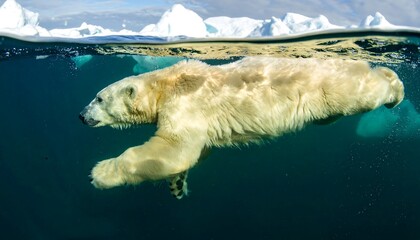 Polar bear swims underwater; icebergs are visible above surface in background