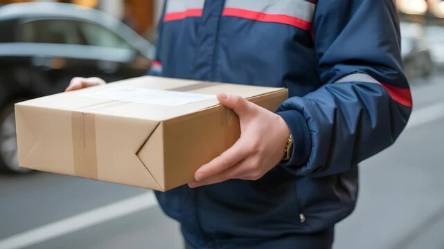 Delivery person holding package, ready for drop off, fast shipping, urban street, online shopping, courier service, express mail