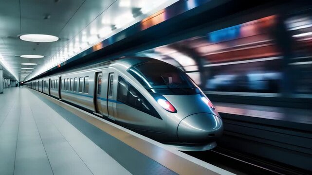High-speed train speeding through modern subway station, showcasing efficient transportation and futuristic travel experience