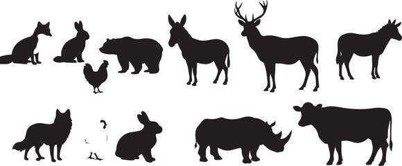 PrintAnimal silhouette collection, wildlife shapes, farm and forest animals, black outline, nature icons, educational art, creature design, species variety