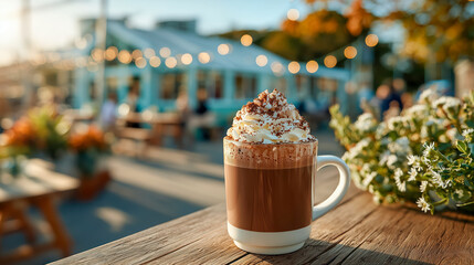 A cup of iced chocolate topped with whipped cream sits on a wooden table surrounded by colorful flowers, with soft sunlight streaming through a glass greenhouse. Concept of relaxing coffee moments in 