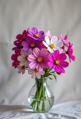 A delicate vase filled with vibrant cosmos flowers in various shades of pink, purple, and white, set against a soft, neutral background, leaves, close-up