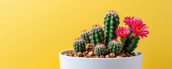 A vibrant Mexican fencepost cactus thrives in a simple white planter, set against a cheerful yellow backdrop, flora, mexican fencepost cactus, studio shot