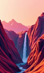 Abstract red landscape, cascading waterfall flowing down vibrant crimson cliffs, surreal mountainous terrain, fiery sunset hues, digital, environment