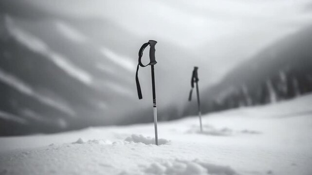 Solitary Ski Poles Rest in Deep Snow on a Desolate, Blurry Mountain in Monochrome.