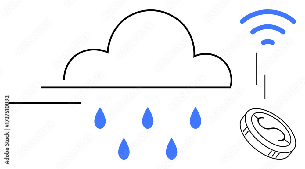 Poster cloud releases blue raindrop data with wireless signal and coin representing connection, data exchan