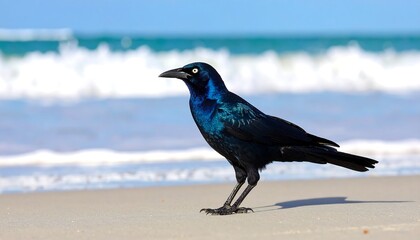 Bird on beach, vibrant blue