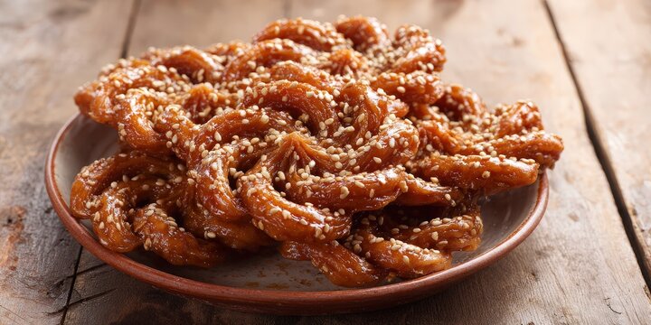 Moroccan chebakia cookies with sesame honey, close-up
