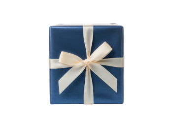 blue present tie with cream colored ribbon