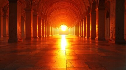 Sunlit corridor with pillars and curved ceiling creates a golden path