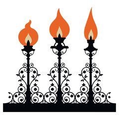Three ornate black wrought iron torch sconces with flickering orange flames against a white background