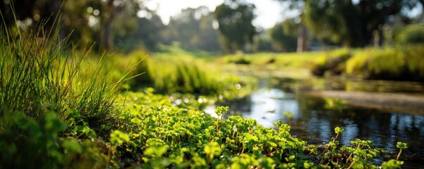 Sunny stream in a lush green meadow