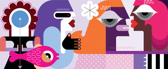 Group of people and a fish, modern surreal art vector illustration.