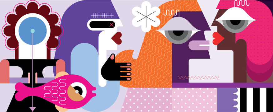 Group of people and a fish, modern surreal art vector illustration.