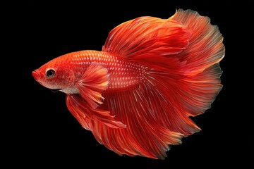 Vibrant red betta fish, side profile, against black background