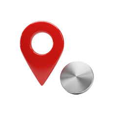 A bright red 3D map pointer icon stands upright next to a small, polished silver metallic disc, isolated on a transparent background with no shadows, studio lit, concept of precise location