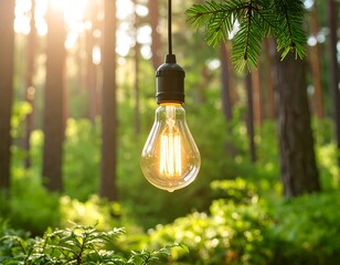 A vintage-style lightbulb hanging in a forest