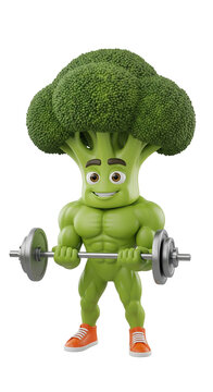 bodybuilding broccoli lifting a barbell, fitness veggie isolated