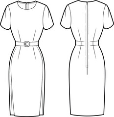 Elegant women’s dress technical sketch, fashion CAD drawing, flat vector illustration with belt, short sleeves, back zipper, form-fitting