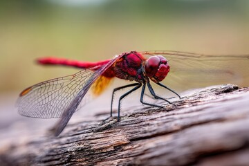 Close-up of a red dragonfly on a log