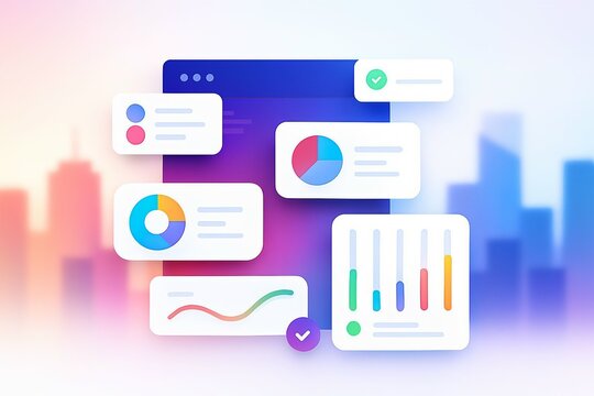 Modern digital interface displaying various financial charts and graphs against a blurred city skyline background