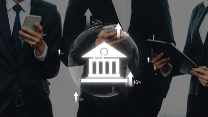 Business professionals engage with technology, analyzing financial growth data through devices while surrounded by abstract global graphics representing economic trends. Raster