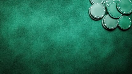 Green poker chips on textured table gambling game background