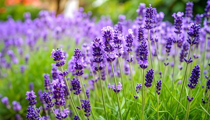 Field of vibrant purple lavender flowers under a bright, sunny sky in garden setting