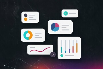Digital dashboard with various charts and graphs displaying data analytics and business intelligence on a dark background