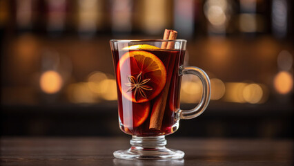 Mulled wine market creates a festive atmosphere. Warm beverage in a glass, garnished with citrus and spices, set against a blurred background.