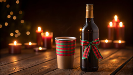 Mulled wine market creates a festive atmosphere. Warm ambiance with a festive drink and wine bottle, illuminated by soft candlelight.