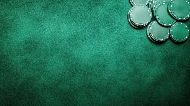 Green poker chips on textured table gambling game background